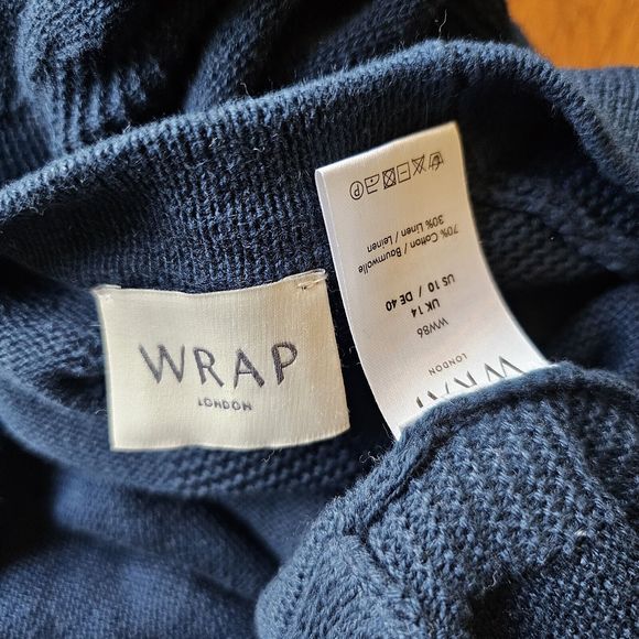 Wrap London Size US 10 longline Cardigan Blue Knit Silk Blend Pockets Snaps - Picture 2 of 5